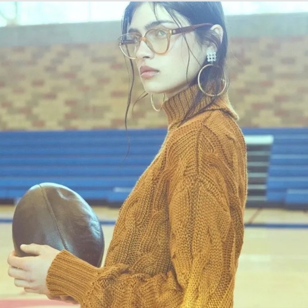 For Love And Lemons Mustard Cable-Knit Turtleneck Sweater